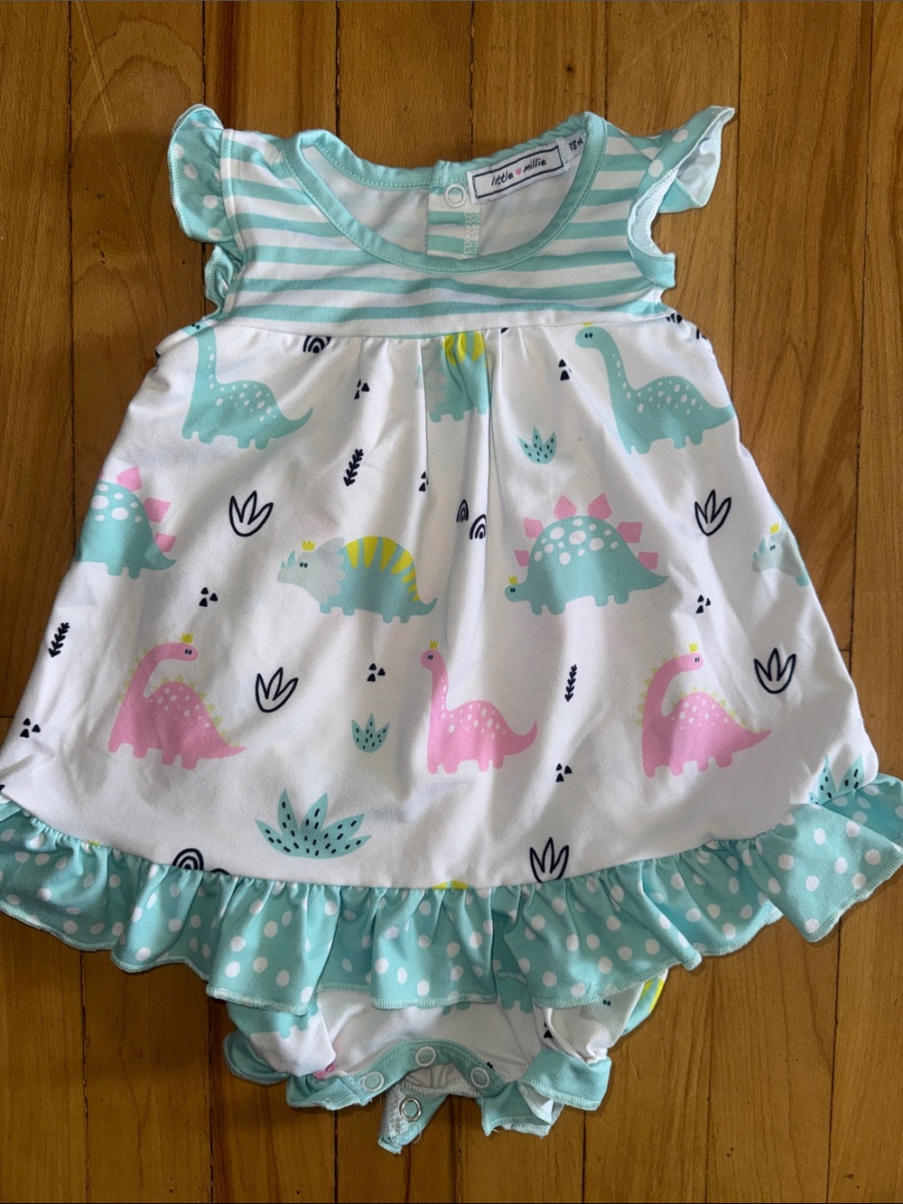 Little Millie Girls Dinosaurs Ruffle Romper Dress - Mint, Pink & White 18 months